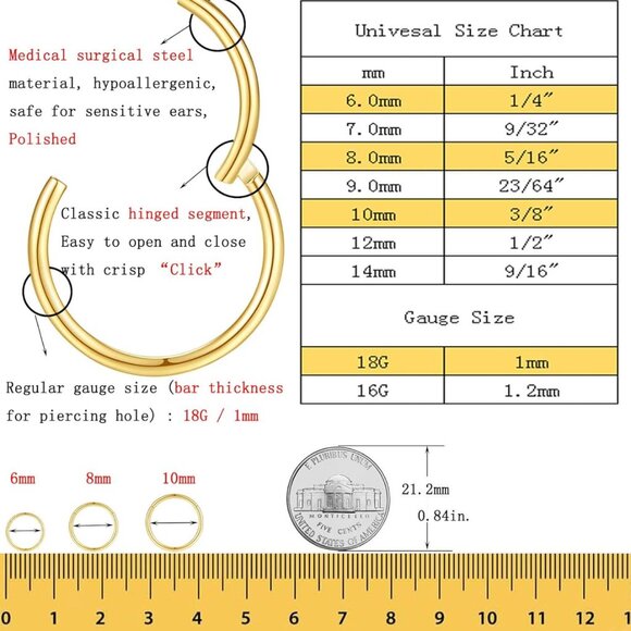 Gold 18G Tiny Seamless Hoops Set for Multiple Piercings, Hypoallergenic Surgical - Picture 7 of 9